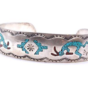 Vintage Sterling Silver Navajo Native American Crushed Turquoise Coral Inlay Cuf